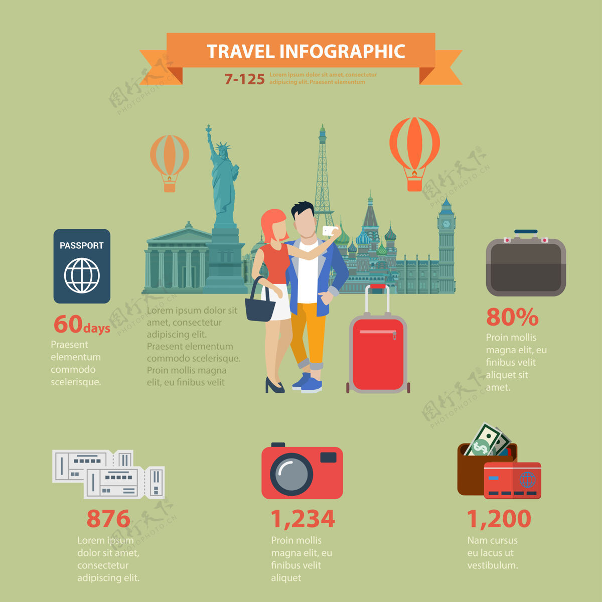 主题旅游度假观光平面式主题信息图概念生活方式通行证签证