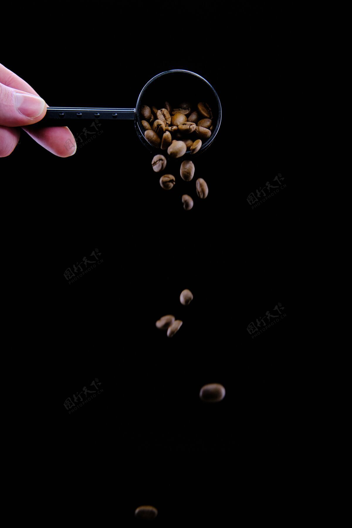 有机手倒出新鲜烤咖啡豆从勺子上孤立的黑色黑色豆类摩卡咖啡