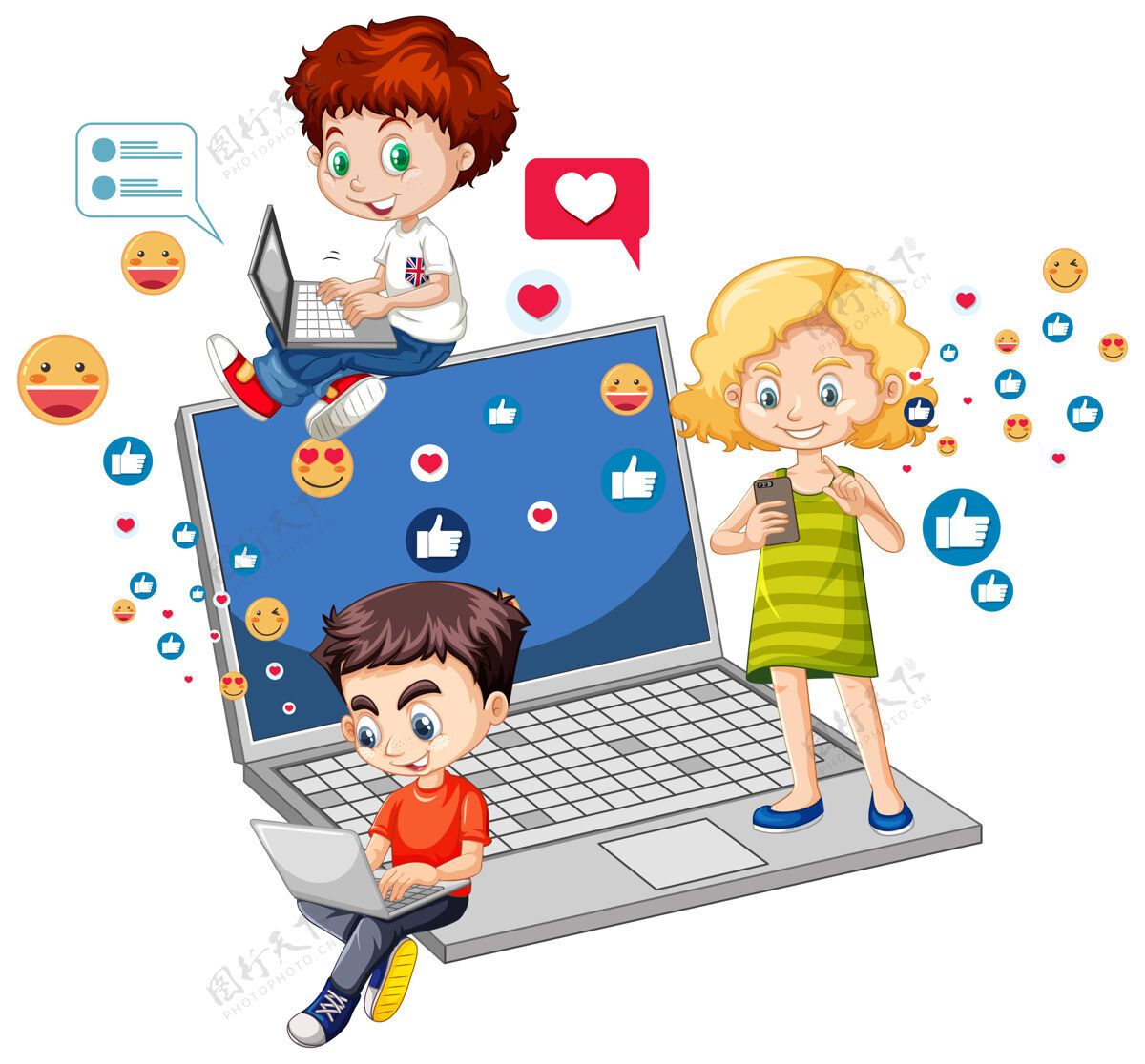 喜欢儿童与社会媒体元素的白色背景面对面时间社交沟通