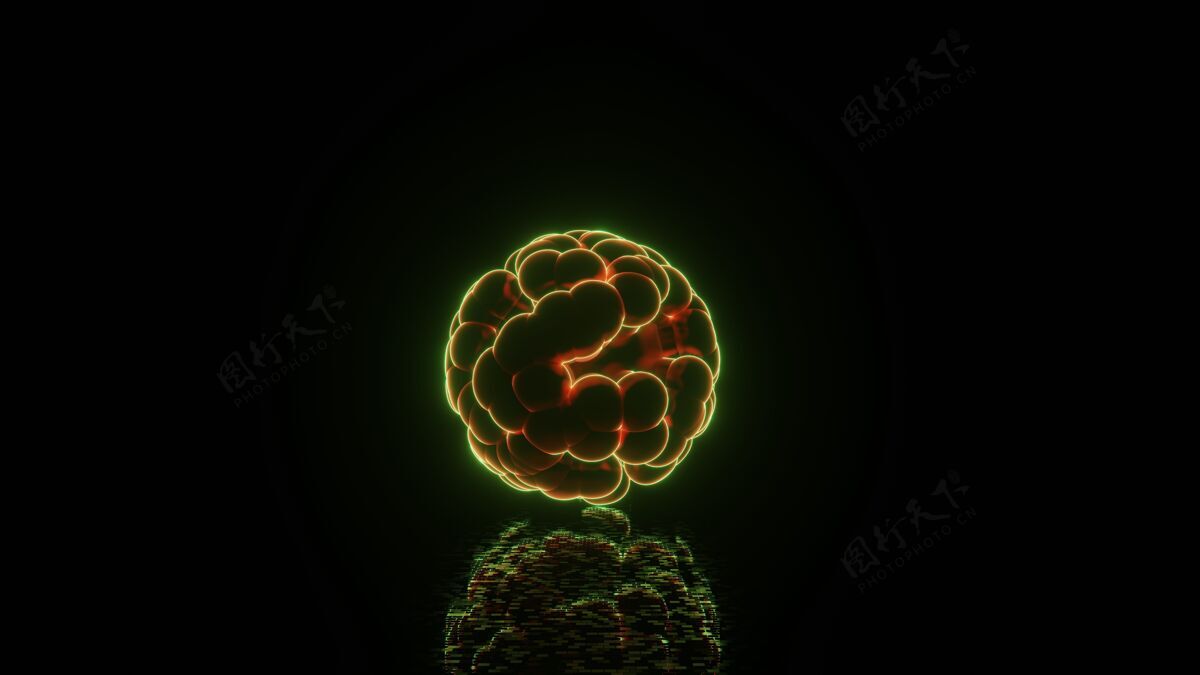 科学在黑色背景下的反射面上的单元格的数字插图 带有文本空间显微镜生命渲染
