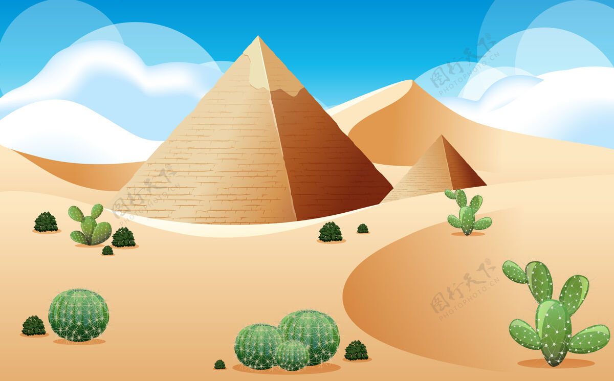 金字塔沙漠与金字塔和仙人掌景观在白天的场景仙人掌风景剪贴画