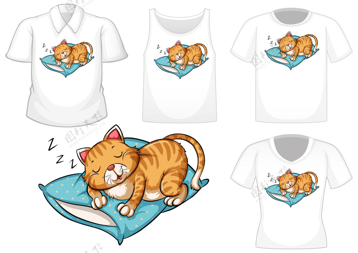 展示猫睡卡通人物与一套不同的衬衫隔离在白色背景上睡眠卡通马球
