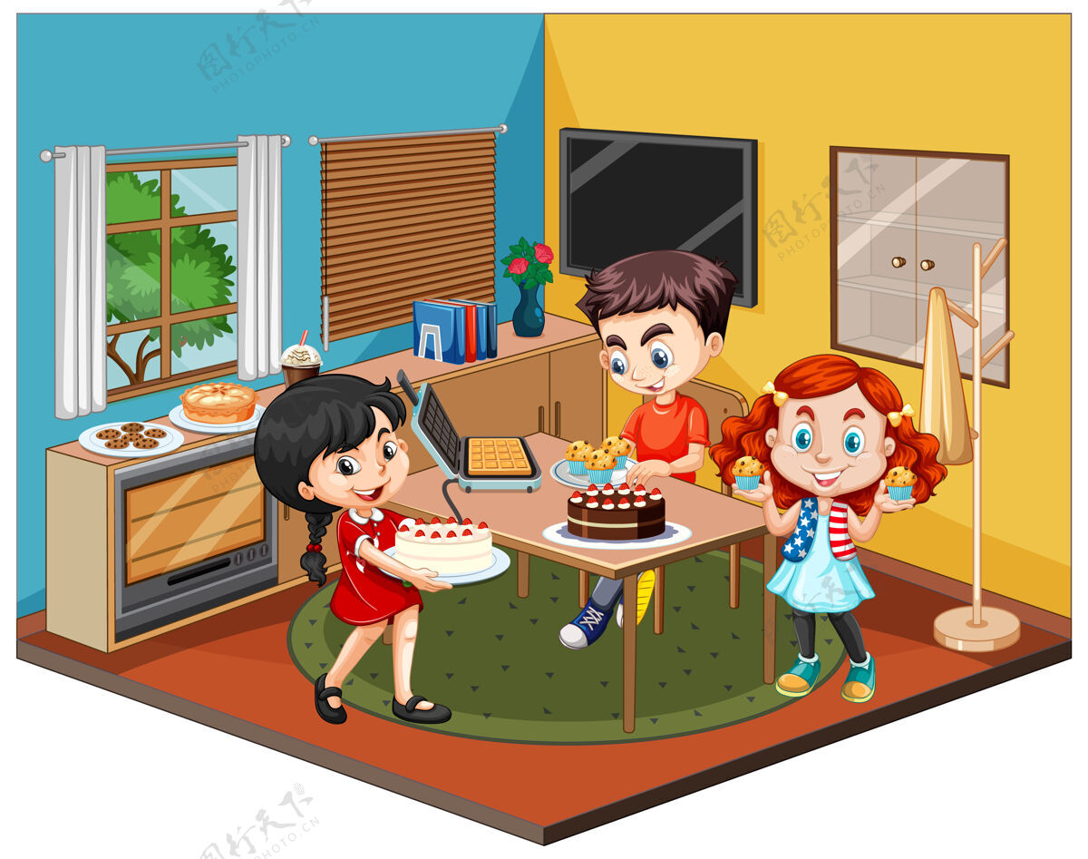 食物孩子们在餐厅的白色背景场景孩子厨房家庭