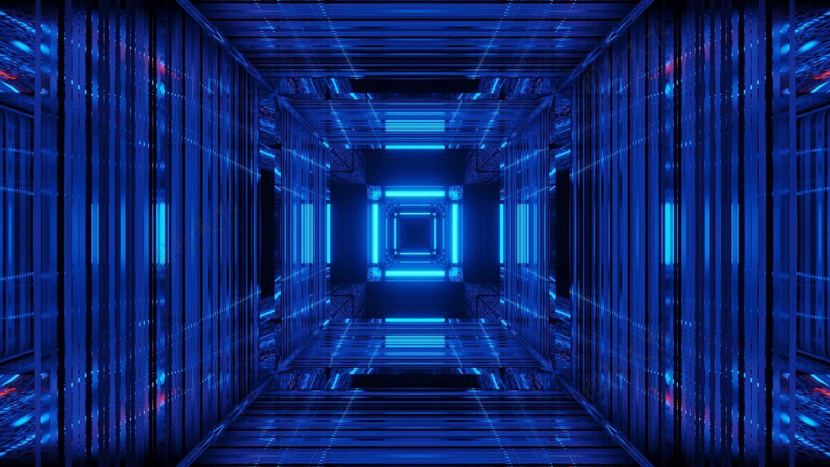 明亮带有蓝色霓虹灯的抽象科幻未来主义背景运动现代分形